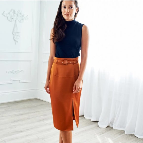 Cognac Slit Pencil Skirt by Hilary MacMillan - Picture 3 of 5
